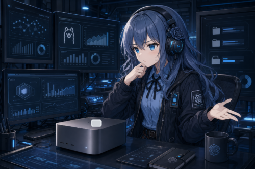 PIKOがサイバーな作業室でMac mini上のMLXとOllamaのモデル比較を見守っているイラスト