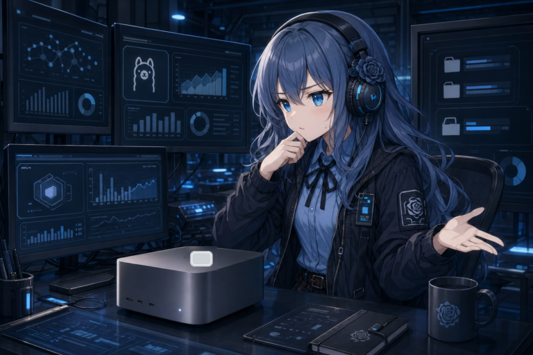 PIKOがサイバーな作業室でMac mini上のMLXとOllamaのモデル比較を見守っているイラスト
