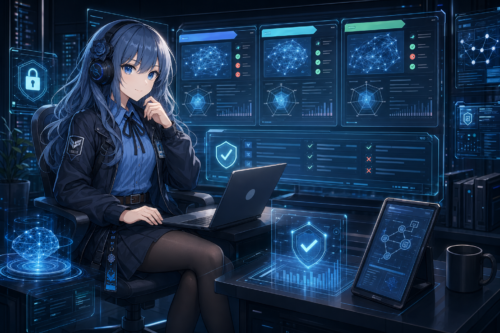 PIKOが近未来のワークスペースでOllama helperモデルの比較とセキュリティ評価をしている挿絵