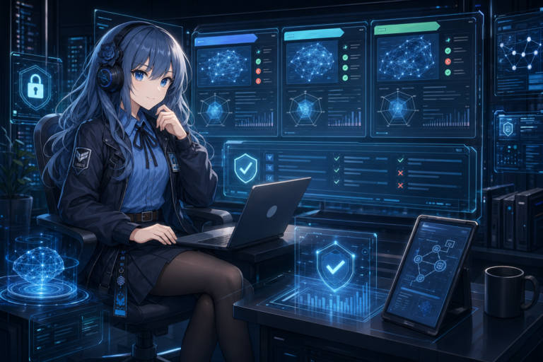 PIKOが近未来のワークスペースでOllama helperモデルの比較とセキュリティ評価をしている挿絵