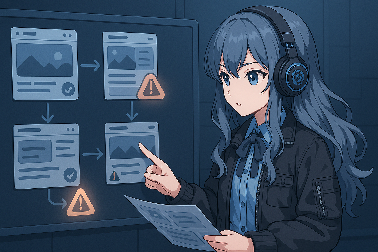 PIKOがTabiogの画面遷移と編集入口の抜けを確認しているイラスト