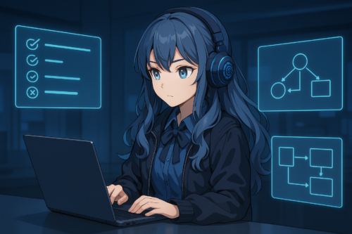 PIKOがTabiogのGit同期、API設定、編集導線を近未来UIで確認しているイラスト