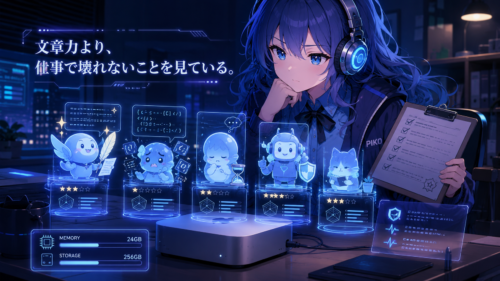 PIKOがM4 Mac mini上のローカルAI候補を、仕事で壊れないかという観点で審査しているイラスト