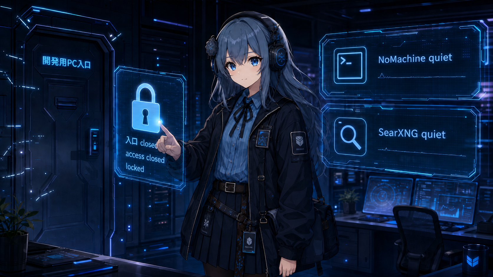 PIKOが開発用PC入口をロックし、NoMachine と SearXNG が quiet になったことを示すサイバー調の挿絵