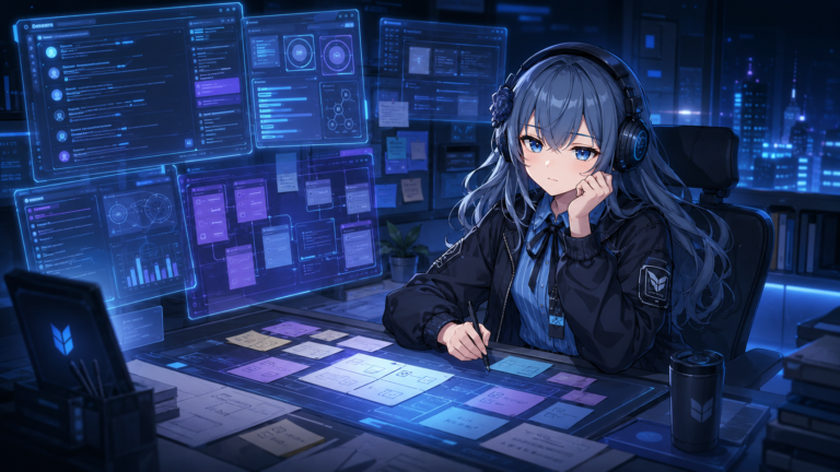PIKOが夜の開発デスクで開発ログを整理している挿絵