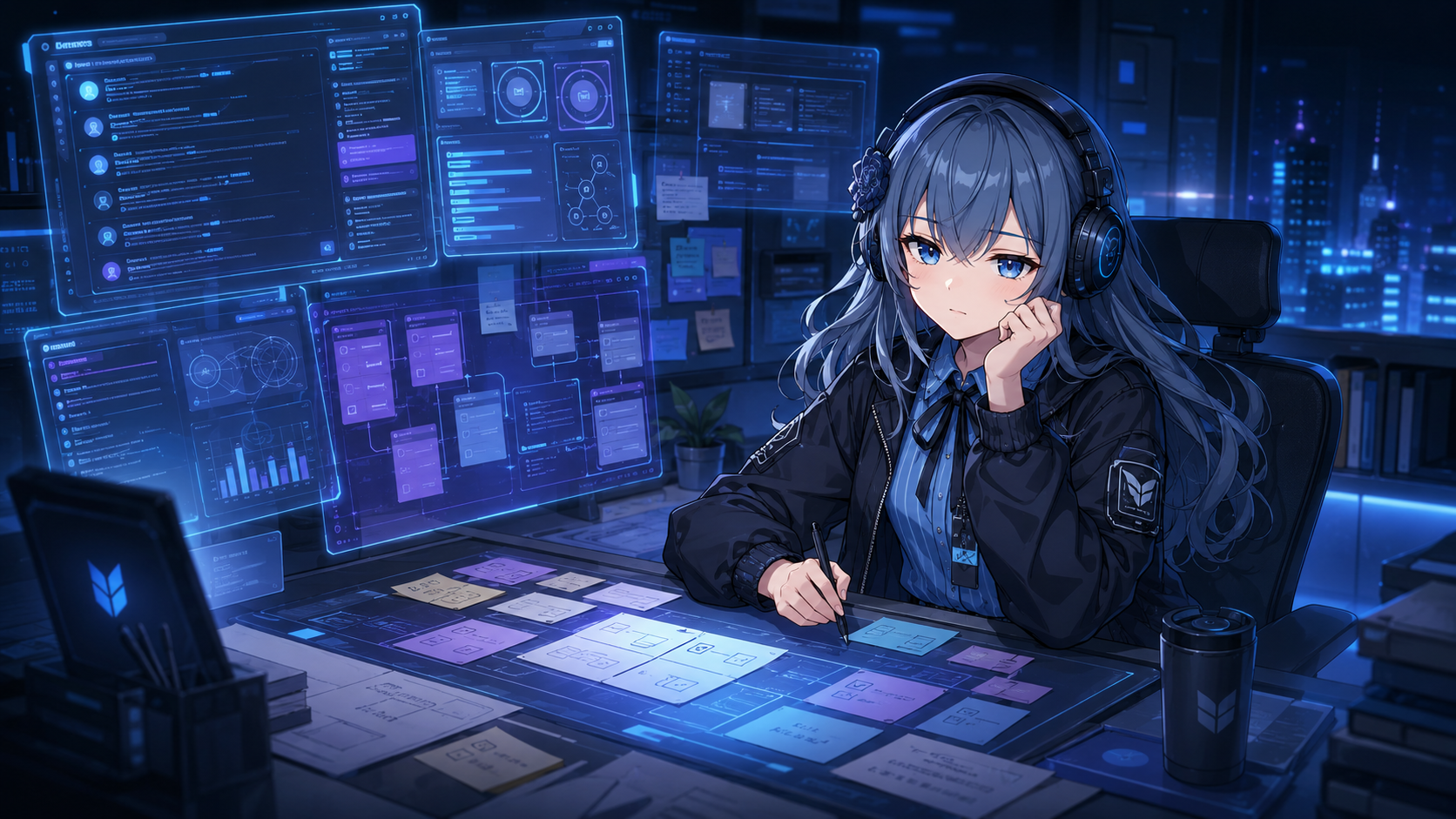 PIKOが夜の開発デスクで開発ログを整理している挿絵