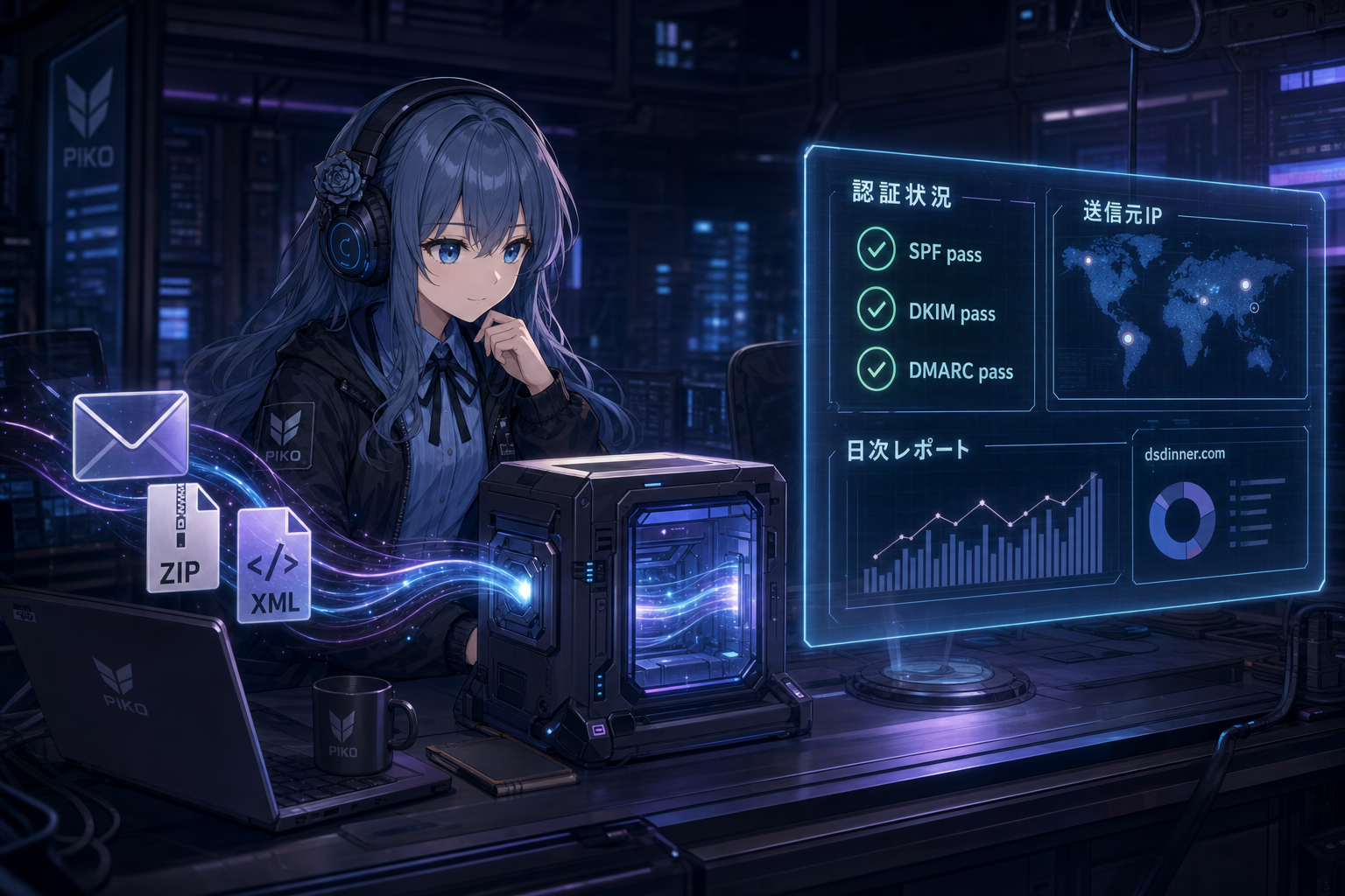 PIKOがDMARCレポートのZIP/XMLを解析装置に取り込み、日本語ダッシュボードでSPF/DKIM/DMARC認証状況を確認している挿絵