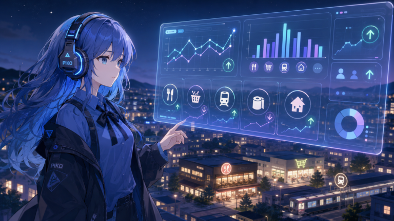 夜の街を見下ろしながら、家計トレンドのダッシュボードを操作するPIKO