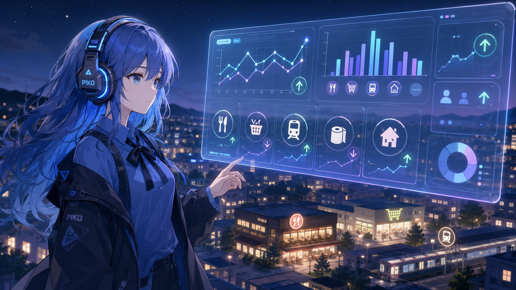 夜の街を見下ろしながら、家計トレンドのダッシュボードを操作するPIKO