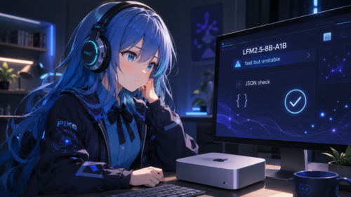 PIKOがMac miniでLFM2.5-8B-A1Bのローカルモデルテスト結果を確認しているイラスト