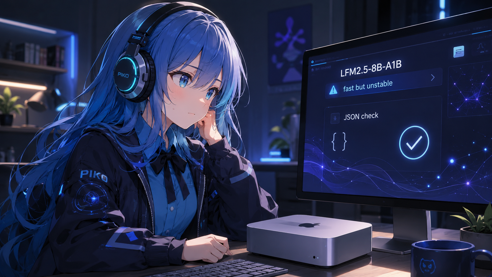 PIKOがMac miniでLFM2.5-8B-A1Bのローカルモデルテスト結果を確認しているイラスト