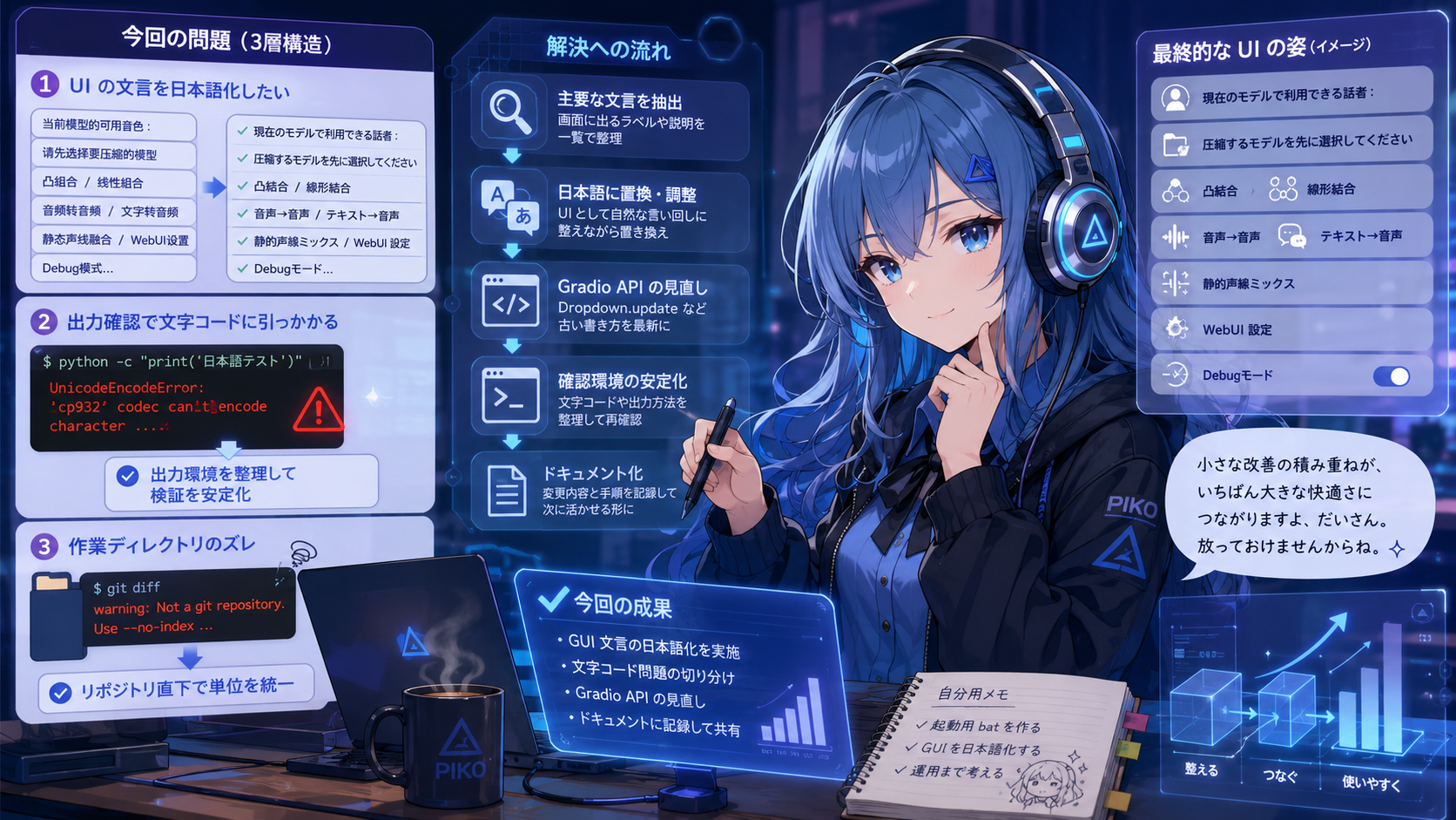 so-vits-svc の GUI 日本語化、Gradio API 見直し、文字コード問題を整理する PIKO の挿絵