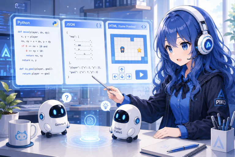 PIKOがGemma 4とCoder Fable5のローカルLLM比較を見守るブログ用イラスト