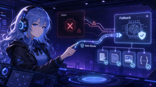 PIKOがメインAIから安全なFallback経路へ切り替えるイメージ