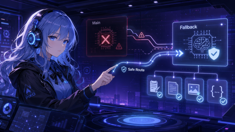PIKOがメインAIから安全なFallback経路へ切り替えるイメージ