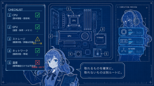 Piko-chanの画面HUD化に向けて、取得できるPC状態情報をチェックリスト化したブループリント風イラスト