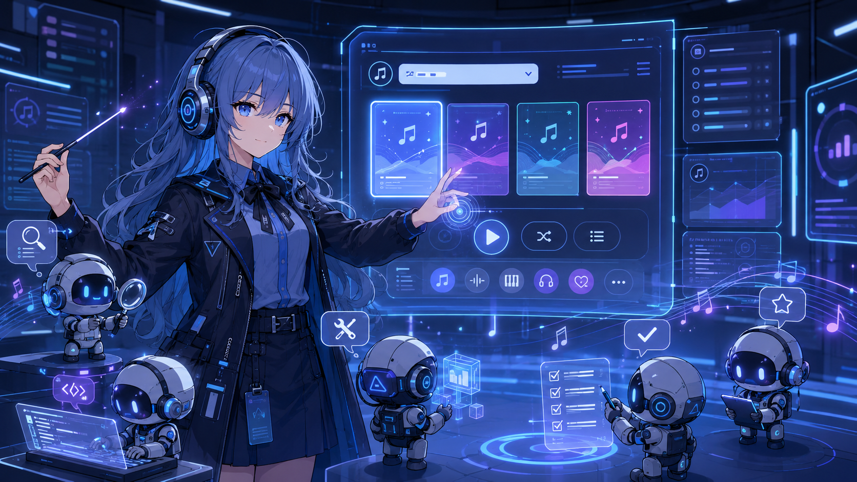 PIKOがサブエージェントを指揮しながらBGMプレイリスト選択UIを作っているイラスト