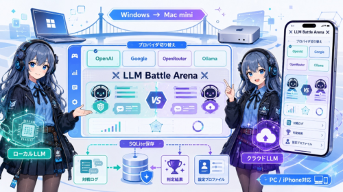 LLM対戦アプリのプロバイダ切り替え、SQLite保存、PCとiPhone対応を表したPIKO風の挿絵