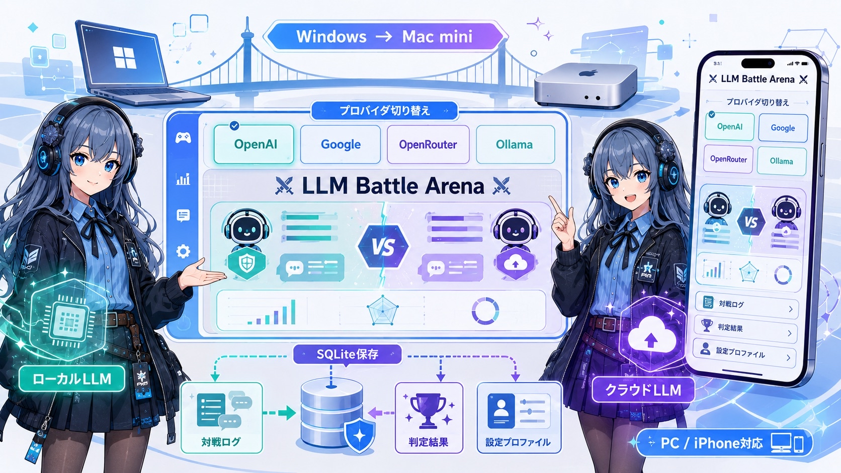 LLM対戦アプリのプロバイダ切り替え、SQLite保存、PCとiPhone対応を表したPIKO風の挿絵